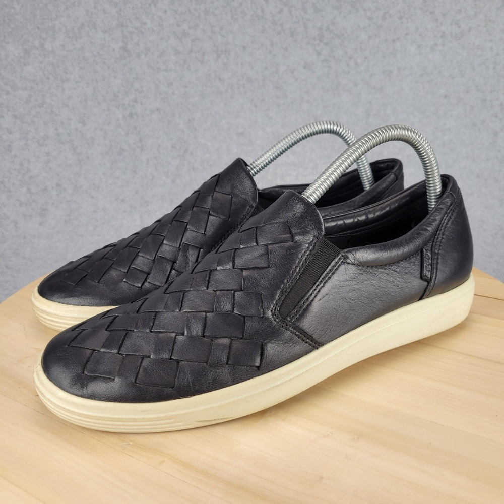 ECCO Soft 7 Woven Slip On Sneakers Womens 9 Black Leather Casual Minimal